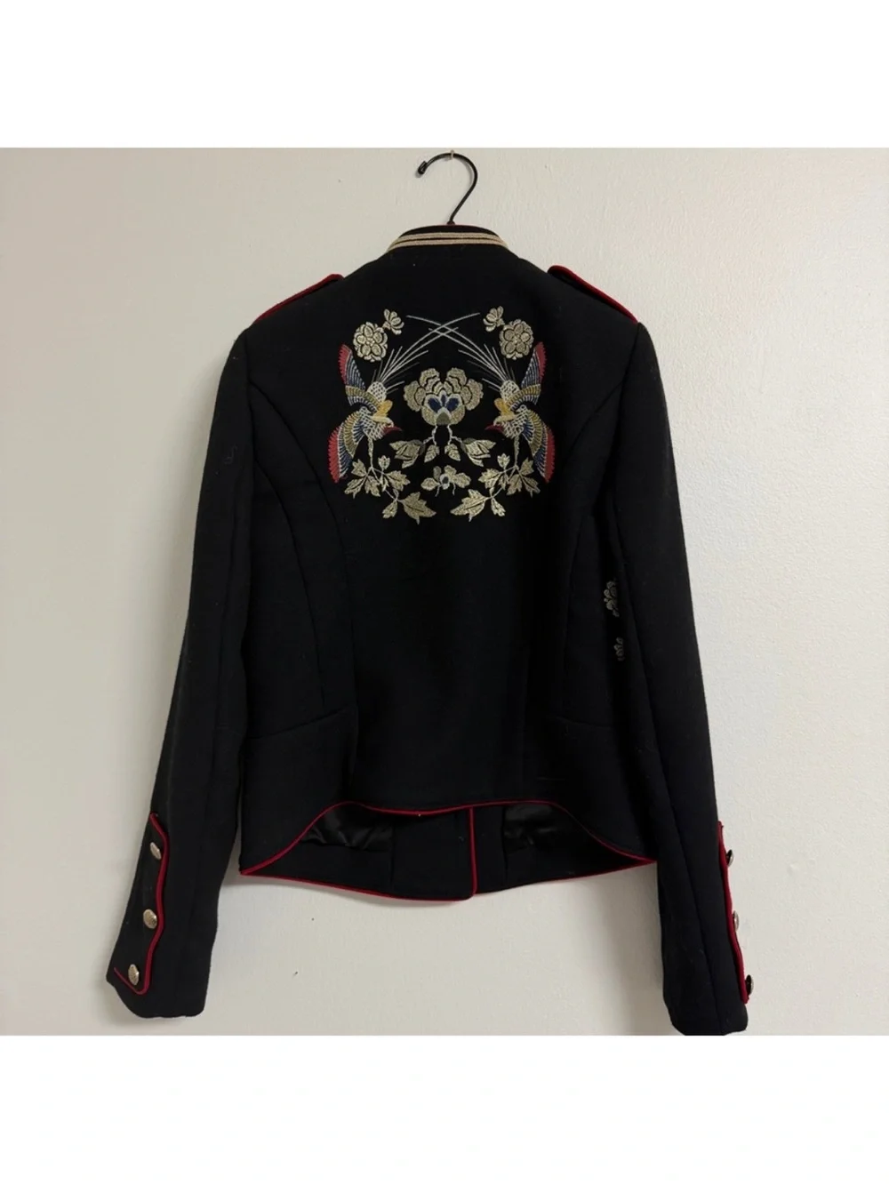 Black Embroidered Military-Style Jacket with Red Trim